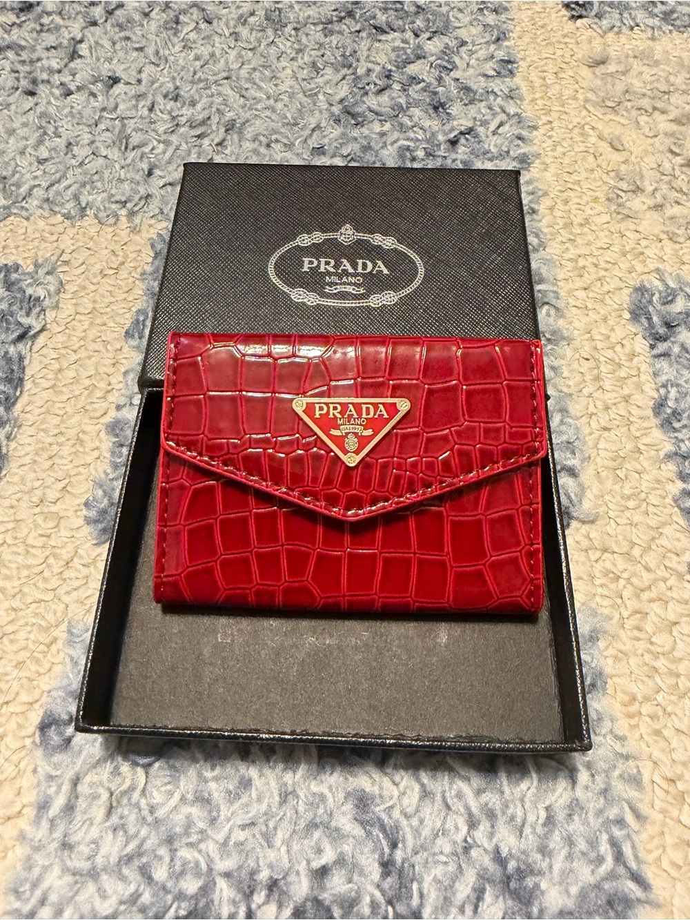 Prada Red Croc-Embossed Envelope Card Holder with Gold Logo